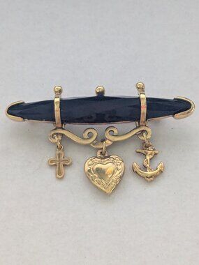 1928 Brand Gold Tone Faceted Black Resin Cross Heart Anchor Charm Brooch Pin